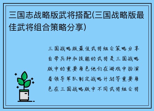 三国志战略版武将搭配(三国战略版最佳武将组合策略分享)